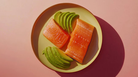 A stunning arrangement of fresh salmon fillets and avocado slices on a decorative plate, set against a soft pink background, perfect for healthy meal inspiration and food photography.の素材