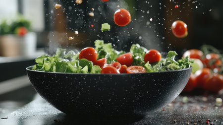 A vibrant scene capturing the dynamic preparation of a fresh salad with cherry tomatoes and greens, showcasing healthy ingredients in a modern kitchen.の素材