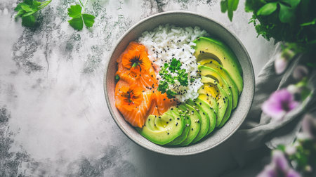 This appealing sushi bowl features fresh salmon, creamy avocado, and fluffy rice, elegantly arranged and garnished, perfect for healthy dining or food photography.の素材