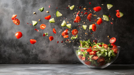 A captivating image of fresh vegetables in motion, showcasing tomatoes and cucumbers flying above a salad bowl, emphasizing healthy eating and vibrant colors in food preparation.の素材