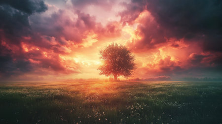 A breathtaking view of a solitary tree standing in a vast field at sunset, with dramatic clouds glowing in vibrant colors. A perfect representation of peaceful natural beauty.の素材