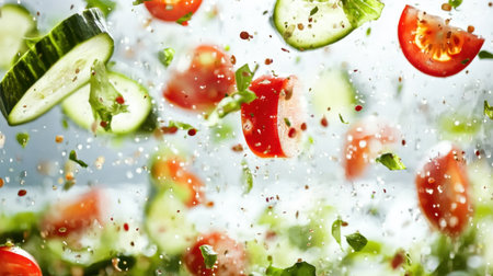 A dynamic display of fresh vegetables like cucumber and tomatoes captured mid-air with water splashes, emphasizing the vitality and excitement of preparing a healthy salad.の素材
