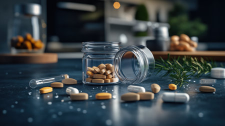 An artistic display of vitamins, supplements, and herbs in glass jars on a kitchen countertop, showcasing nutrition and wellness in a modern lifestyle environment.の素材