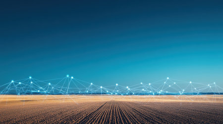 A stunning depiction of a rural field at twilight, featuring dynamic network connections that illustrate the fusion of technology and nature, suggesting an innovative future.の素材