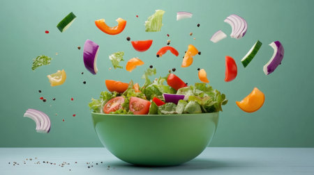 A lively composition of fresh salad ingredients floating above a green bowl, showcasing vibrant colors and textures, perfect for promoting healthy eating and culinary creativity.の素材