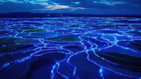 Breathtaking aerial view of rice terraces illuminated with captivating blue lights at dusk, showcasing a stunning blend of nature and artistic creativity in agriculture.の素材