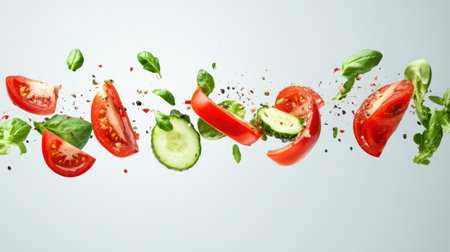 A dynamic arrangement of fresh vegetables including sliced tomatoes and cucumbers, paired with crisp lettuce and vibrant herbs, showcasing healthy meal options in motion.の素材