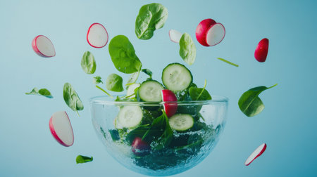 Dynamic image of fresh salad ingredients including cucumber, radishes, and spinach soaring around a clear bowl, showcasing vibrant colors and promoting healthy eating.の素材