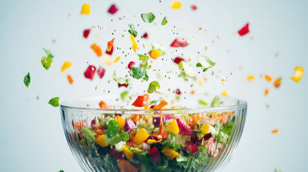 A dynamic view of fresh salad ingredients flying into a bowl, showcasing a colorful mix of greens and peppers, perfect for healthy meal preparation and vibrant culinary presentations.の素材