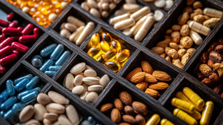 This image showcases a vibrant assortment of dietary supplements and capsules, beautifully arranged in a wooden tray, emphasizing their diversity in shape and color for health enthusiasts.の素材
