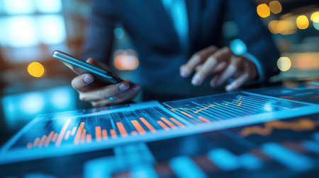 A focused business professional interacts with a smartphone while examining data visualizations in a contemporary office, surrounded by dynamic lighting and technology.の素材