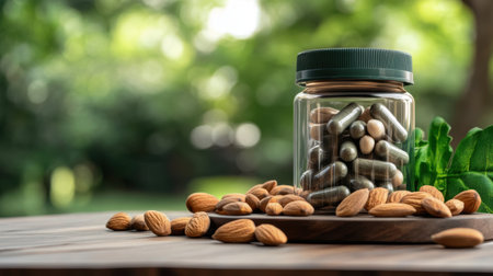 A transparent jar filled with various dietary supplements sits on a wooden surface among almonds, highlighting a healthy lifestyle in a peaceful outdoor setting.の素材