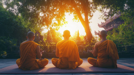 Three monks sit in meditation at sunrise, surrounded by lush greenery, embodying serenity and tranquility in a peaceful and spiritual atmosphere.の素材