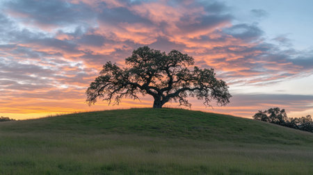 A stunning image of a lone majestic tree atop a hill, set against a colorful sunset sky filled with vibrant clouds, creating a serene and peaceful atmosphere in nature.の素材