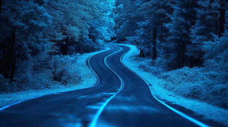 A peaceful winding road through a frosted forest creates a serene winter scene, inviting travelers to explore and experience natureの素材