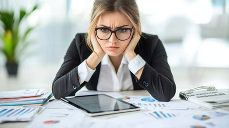 A stressed businesswoman expresses frustration at her workplace, surrounded by charts and reports. Her focused look reveals the pressures of deadlines and analysis in a corporate environment.の素材