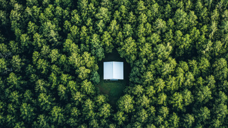 Discover a peaceful cabin nestled amidst a vibrant green forest in this stunning aerial view. Ideal for those seeking tranquility in nature's beauty away from the hustle.の素材