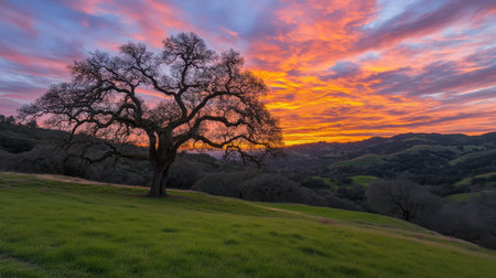 A breathtaking scene featuring a silhouetted oak tree against a dramatic sunset, showcasing vibrant hues in the sky over rolling hills, embodying nature's beauty and tranquility.の素材