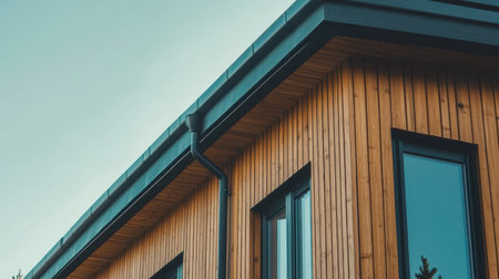 Capture the essence of modern architecture with this detailed image of a sleek wooden house corner, showcasing its large windows and innovative design against a serene sky.の素材