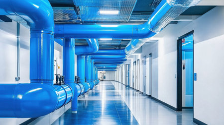 This image showcases a bright and modern industrial corridor featuring prominent blue pipes, ideal for manufacturing and engineering projects, highlighting a clean and efficient design.の素材