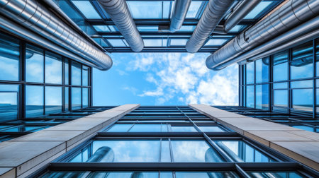 Captivating view from below showcasing a modern glass building with metallic pipes, creating striking reflections under the vibrant blue sky and fluffy clouds.の素材