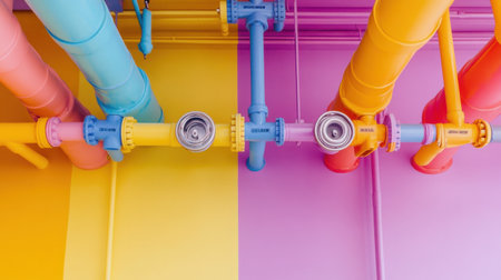 A striking display of colorful industrial pipes set against a brightly painted wall, evoking a playful and modern urban aesthetic perfect for creative projects.の素材