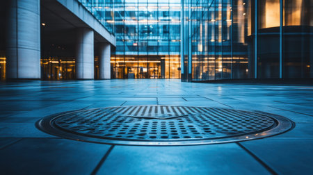 A modern urban architectural space features a glass building reflecting light and showcasing a circular drain cover on a paved floor, creating a minimalist environment.の素材