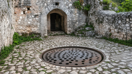 An atmospheric courtyard featuring a unique circular drain cover, surrounded by ancient stone walls and vibrant greenery, offering a glimpse into historical architecture.の素材