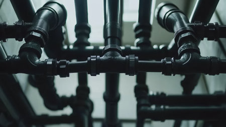 A striking view of interconnected black pipes in a dimly lit environment, emphasizing the intricate design and functional aspects of industrial plumbing mechanisms.の素材
