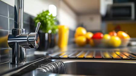 A contemporary kitchen featuring a sleek faucet, shiny sink, and a vibrant arrangement of fresh fruits, exemplifying modern design and inviting culinary inspiration.の素材