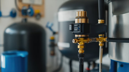 This image showcases a close-up view of a precision pressure regulator within an industrial water filtration system, featuring sleek tanks and hoses for efficient water processing.の素材