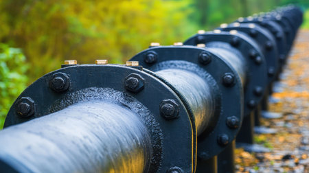 A close-up view of an industrial pipeline stretching through a vibrant green landscape. The image highlights the contrast between engineered structures and natural surroundings.の素材