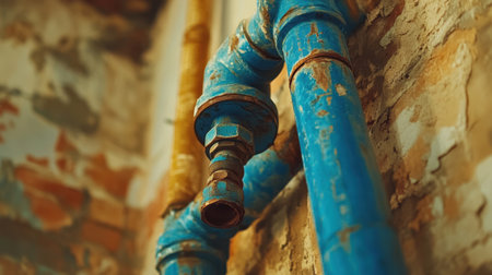 This image captures a close-up view of aged blue metal pipes, revealing the rustic charm and wear of urban plumbing, ideal for construction and repair themes.の素材