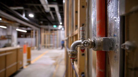 A detailed view of a pipe and valve within a construction site, emphasizing the ongoing work and development in an urban setting, showcasing modern infrastructure.の素材