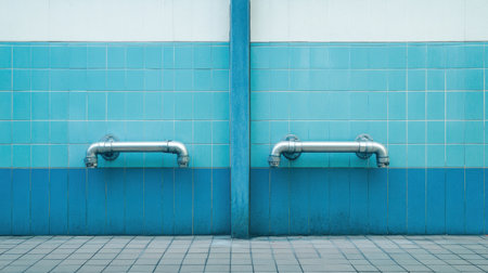 This image features a striking blue tiled wall with two metallic pipes mounted symmetrically, ideal for discussions on urban infrastructure and contemporary design elements.の素材