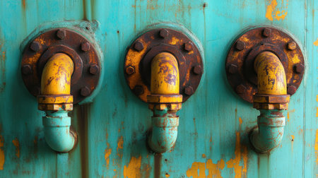 Close-up of a weathered pipe system on a blue wall, featuring rusty elements and colorful accents. Ideal for themes related to industry, architecture, and urban decay.の素材