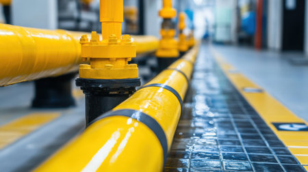 A close-up view of a yellow industrial pipe system with valves, showcasing a clean and well-maintained factory environment ideal for manufacturing processes and operations.の素材