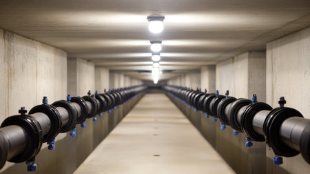 A modern underground pipeline system displays efficient engineering, featuring bright LED lights illuminating the concrete structure, ensuring safety and functionality.の素材