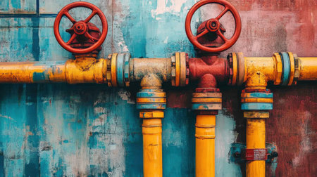 Colorful industrial pipes and valves positioned against a textured background create a striking visual narrative suitable for diverse projects in construction or artistic expression.の素材