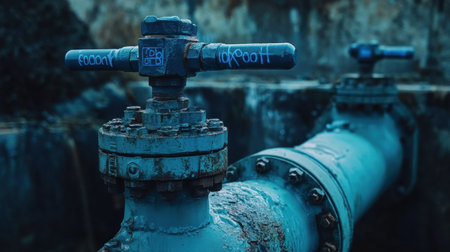 Detailed close-up of a blue industrial valve on a rusty pipe, showcasing the texture and aging of machinery in an urban environment, highlighting infrastructure elements.の素材