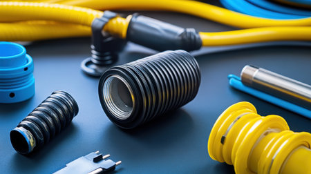 Close-up image showcasing an arrangement of colorful industrial hoses and connectors on a dark surface, ideal for plumbing, construction, and mechanical projects.の素材