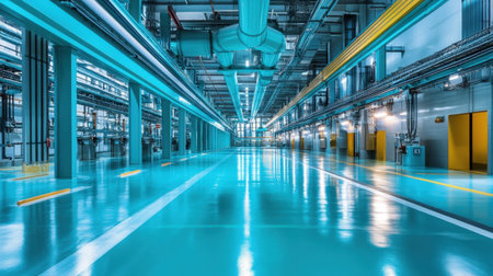 A spacious and modern industrial facility interior showcasing bright lighting, glossy floors, and organized equipment for manufacturing and warehouse functions.の素材