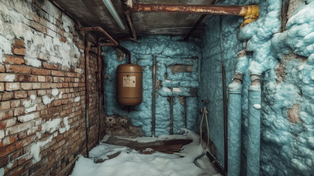 This image captures an abandoned basement showcasing frosty walls covered in insulation foam, with snow on the floor, creating a unique industrial atmosphere in a cold environment.の素材