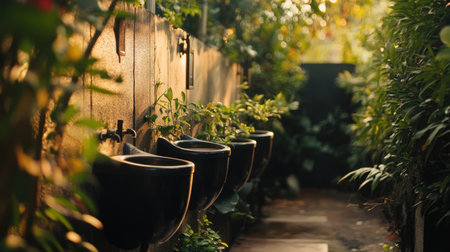 A tranquil outdoor garden space featuring stylish black sinks surrounded by lush greenery, creating a peaceful atmosphere filled with natural light and modern aesthetic.の素材