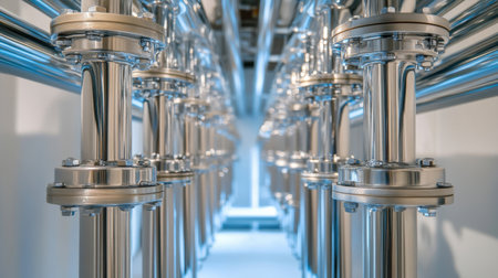 Close-up view of shiny metal pipes and fixtures, highlighting industrial engineering details, precise connections, and modern technology in an organized workspace.の素材