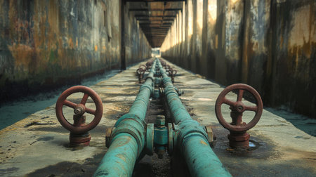 A striking image of industrial water pipelines with valves, set against a rustic concrete backdrop, illustrating the intersection of technology and nature.の素材