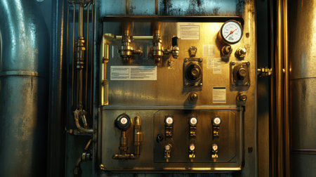 Detailed view of an industrial control panel featuring various valves and pressure gauges, highlighting the intricate machinery within a manufacturing environment.の素材