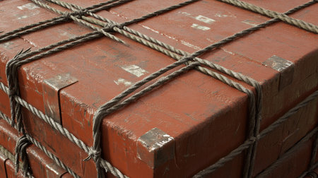 Close-up view of stacked vintage crates bound with rope, showcasing a rustic design perfect for storage or decoration in various settings.の素材