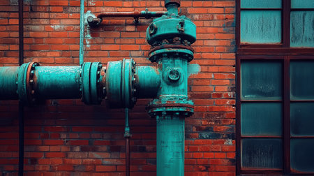 An industrial setting featuring a weathered pipe system against a red brick wall. Highlights the vintage hydrant and rusty metal details, evoking a sense of urban decay.の素材