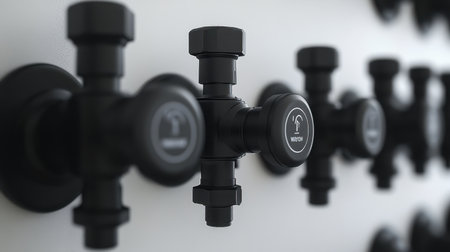Close-up view of black valve connectors on a wall, highlighting modern plumbing elements in a clean and organized setting, showcasing the details of industrial installation.の素材